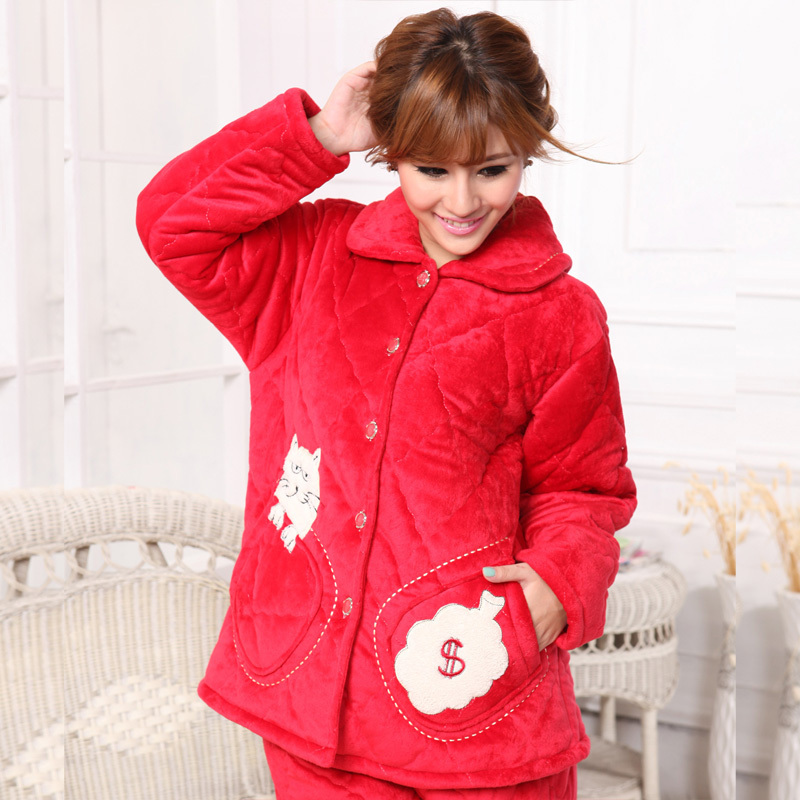 Winter women's cotton-padded sleepwear plus size thermal thickening coral fleece lounge set