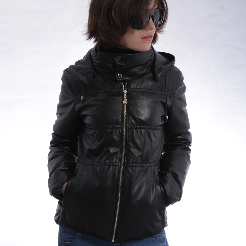 Winter women's down coat leather clothing stand collar with a hood leather down coat Women winter thickening