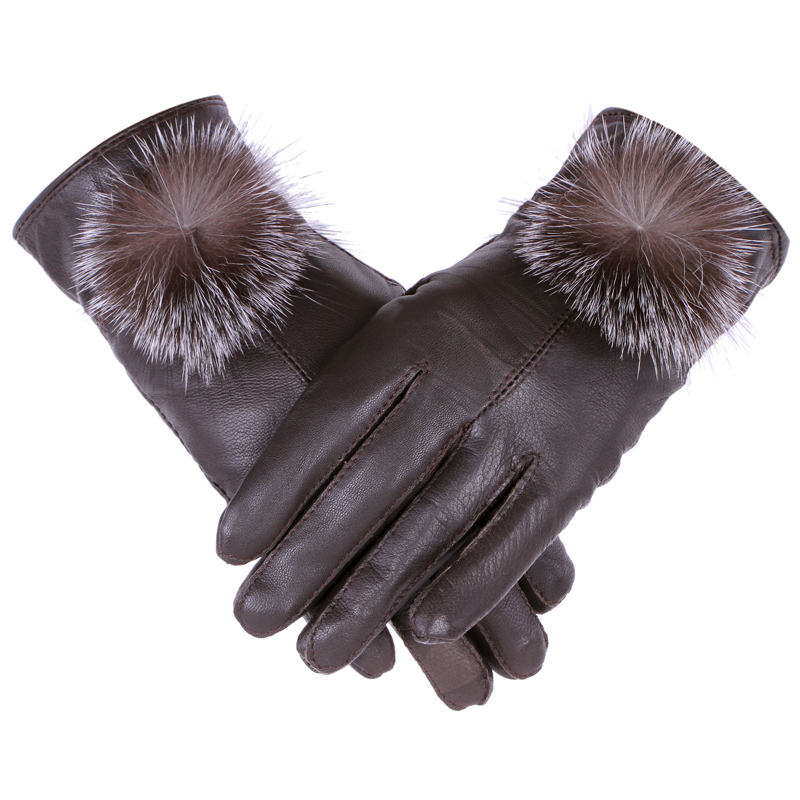 Winter women's fox fur ball genuine leather gloves winter fashion thermal leather gloves