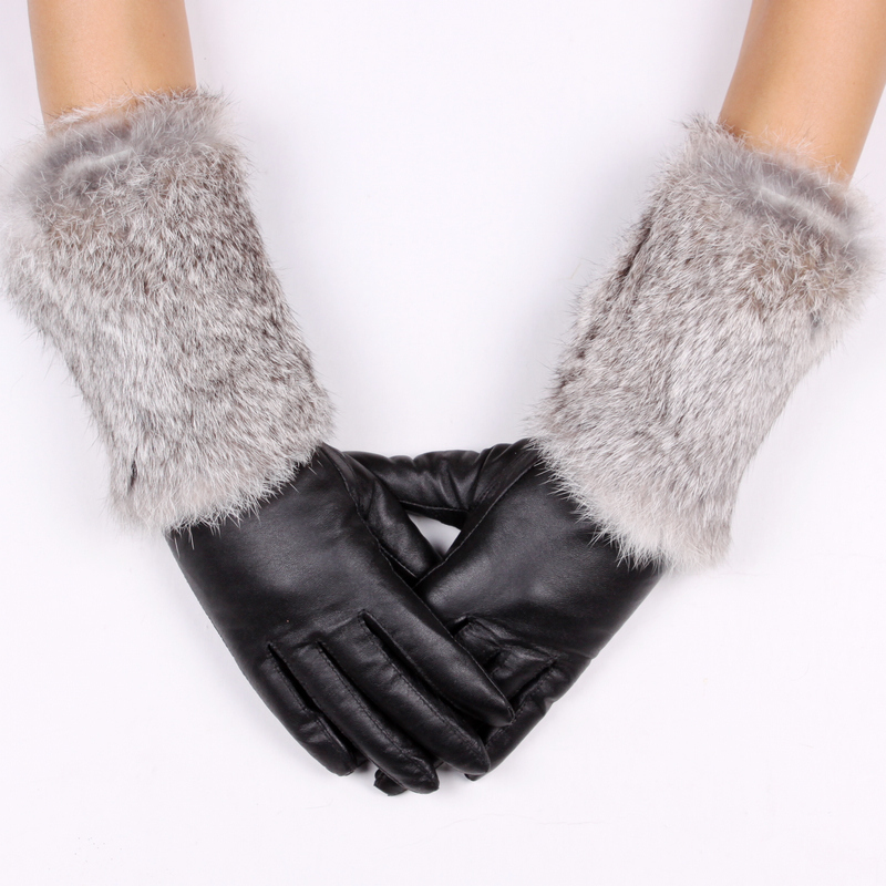 Winter women's genuine leather long gloves lengthen leather gloves rabbit fur thermal fleece lined sheepskin gloves