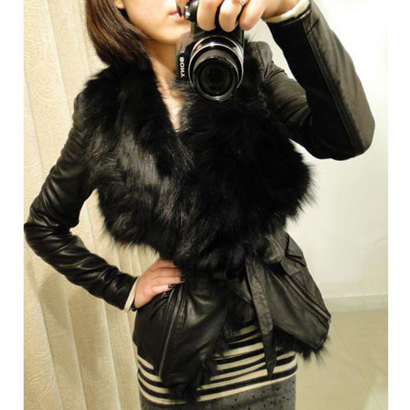 Winter women's knitted cotton patchwork detachable fox fur large fur collar leather clothing outerwear