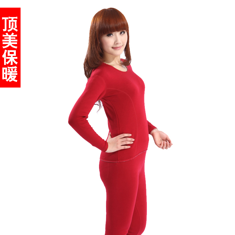 Winter women's set o-neck sexy body shaping solid color red 100% cotton thickening thermal underwear