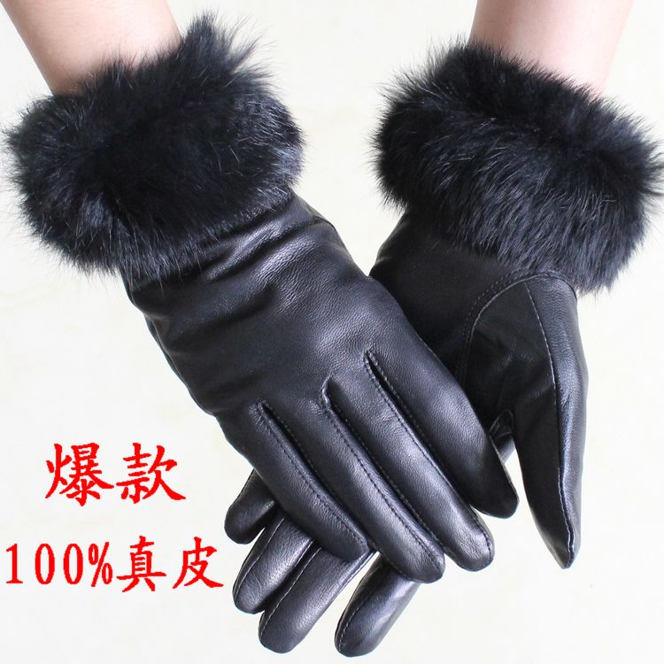 Winter women's sheepskin gloves plus velvet thermal women's leather gloves rabbit fur genuine leather sheepskin gloves