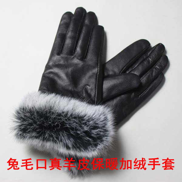 Winter women's sheepskin gloves plus velvet thermal women's leather gloves rabbit fur genuine leather sheepskin gloves