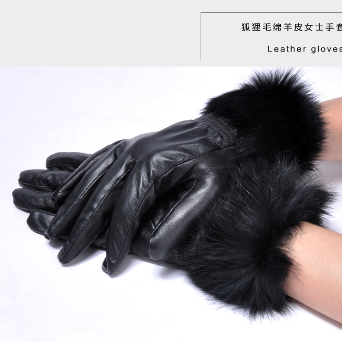 Winter women's short design genuine leather gloves fox fur sheepskin finger gloves plus velvet thickening thermal black