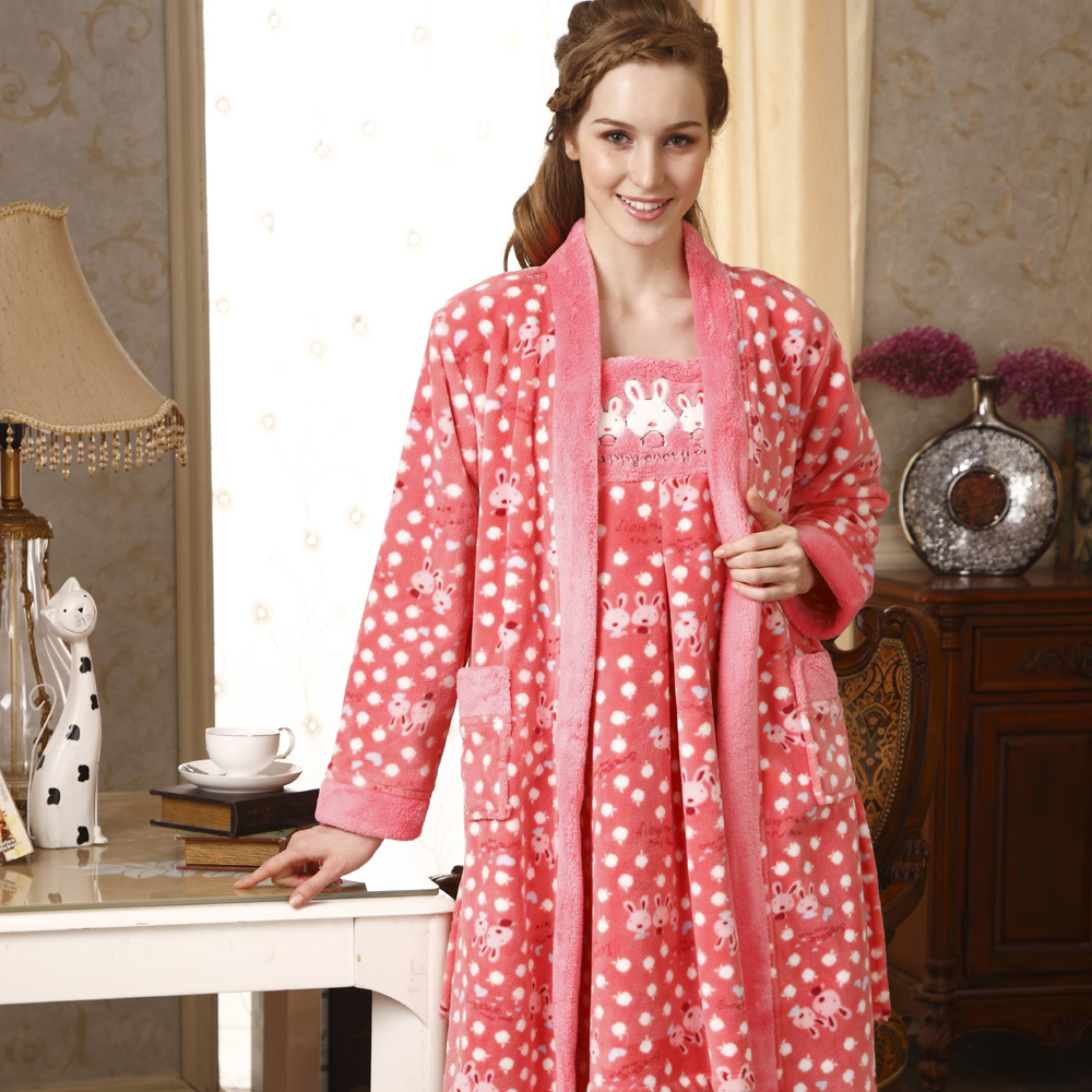 Winter women's sleepwear casual thickening coral fleece robe nightgown lounge twinset