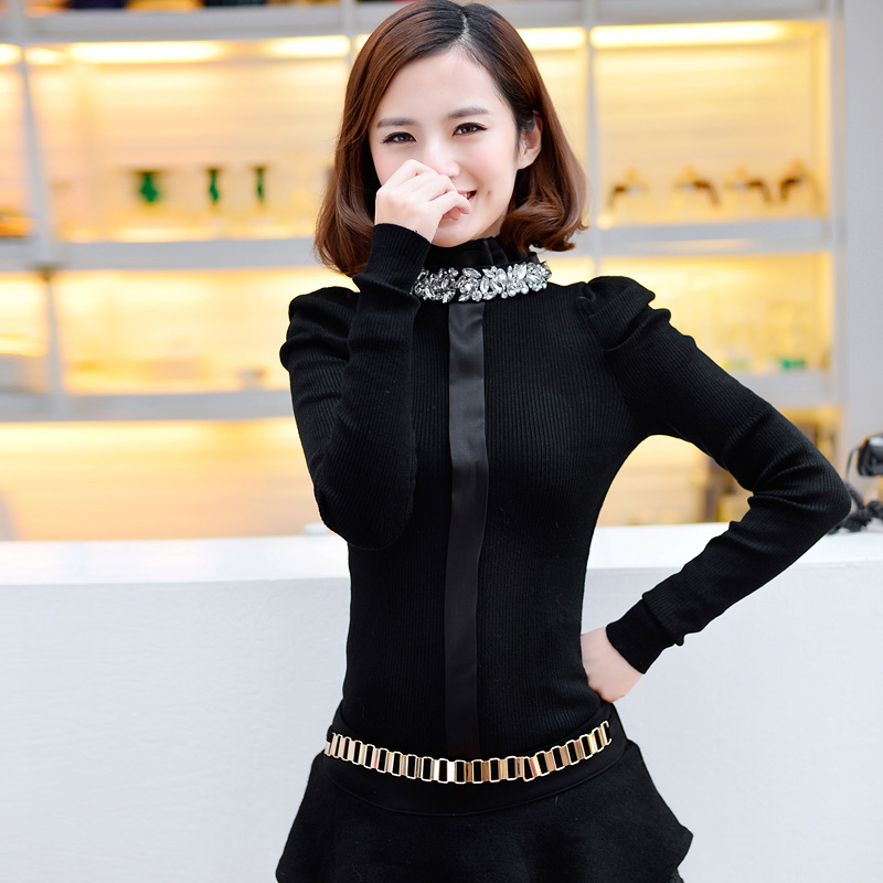 Winter women's slim basic knitted sweater shirt puff sleeve stand collar diamond yarn shirt Women