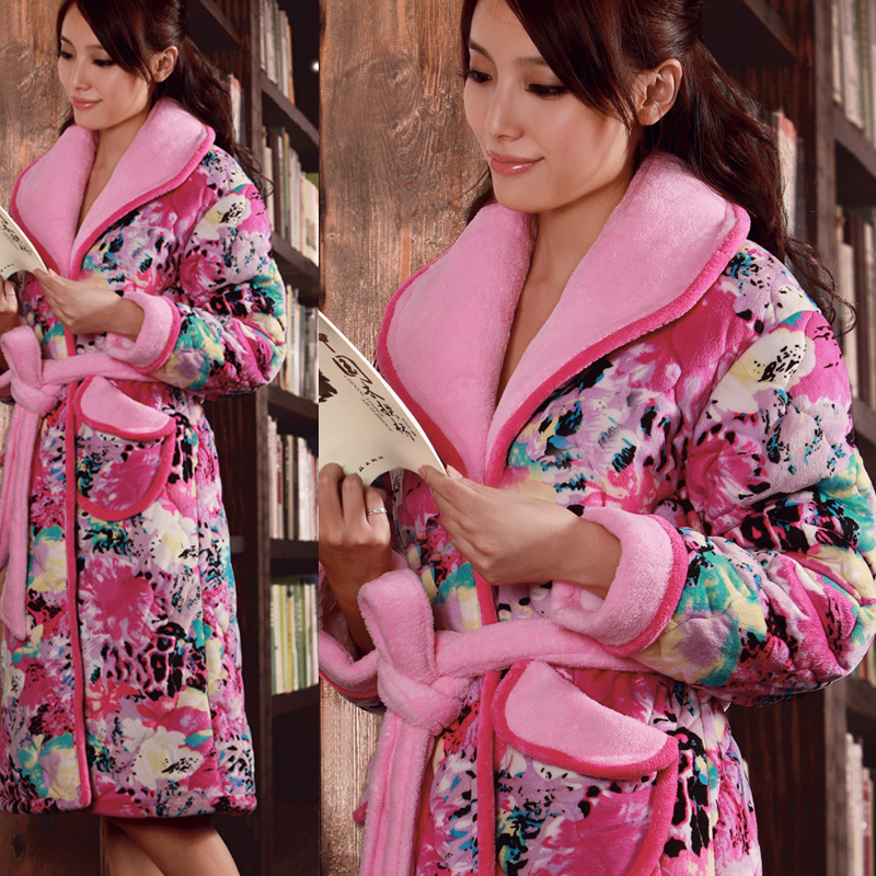 Winter women's super soft thickening coral fleece cotton-padded robe sleepwear flower bathrobe