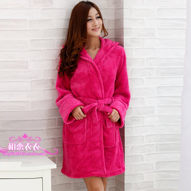 Winter women's super soft thickening thermal coral fleece with a hood short design rose sleepwear white robe bathrobes home