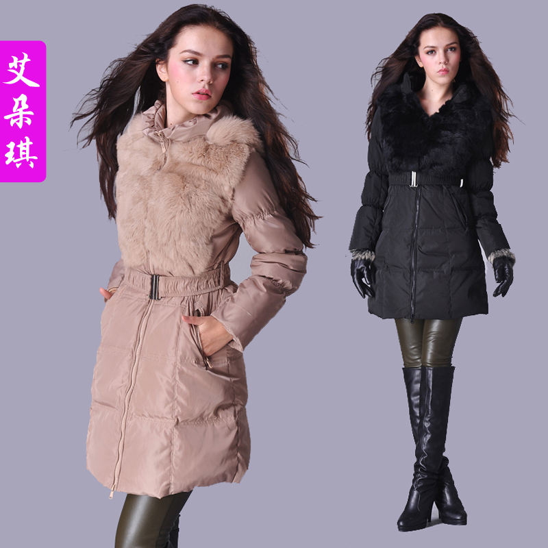 Winter women's thermal thickening white duck down coat fashion medium-long rabbit fur with a hood down coat