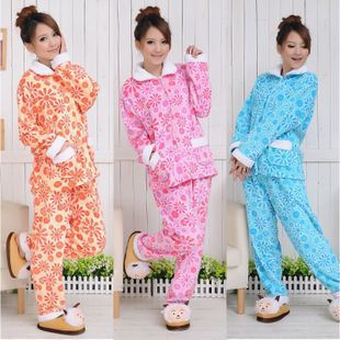 Winter women's thickening coral fleece sleepwear female nightgown set