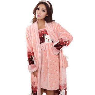 Winter women's thickening super soft cartoon flannel coral fleece nightgown robe bathrobes 2 piece set