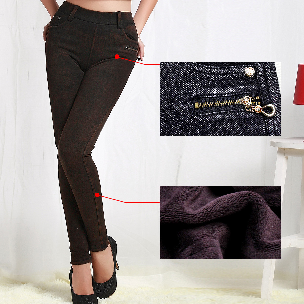 Winter zipper double layer thickening plus velvet denim thermal body shaping legging fashion bk109