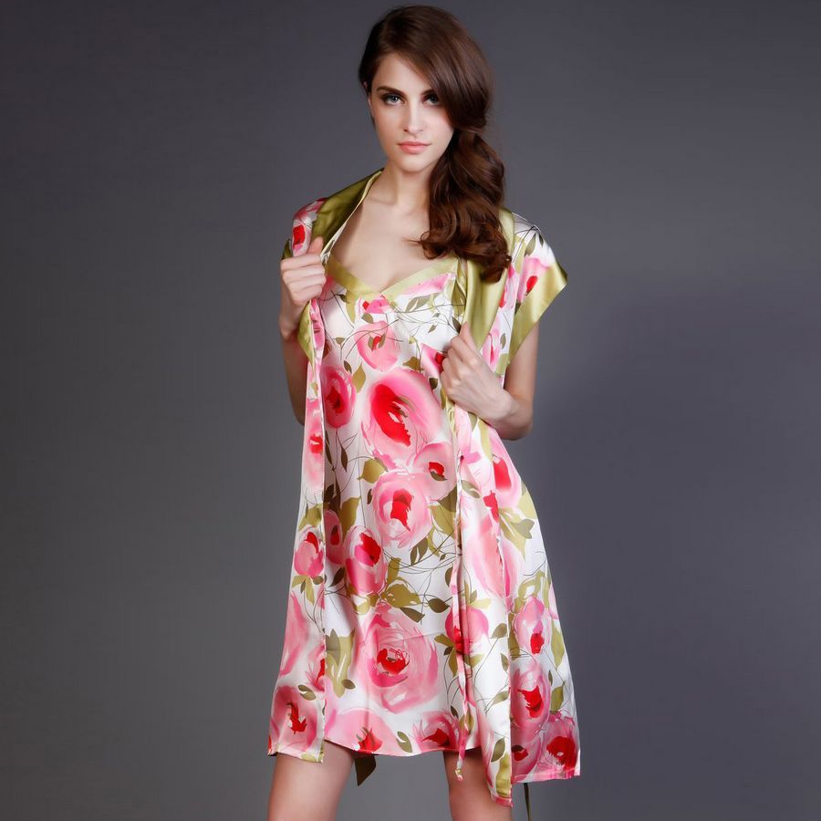 Wire mulberry silk print spaghetti strap nightgown short-sleeve robe twinset 11095 free shipping