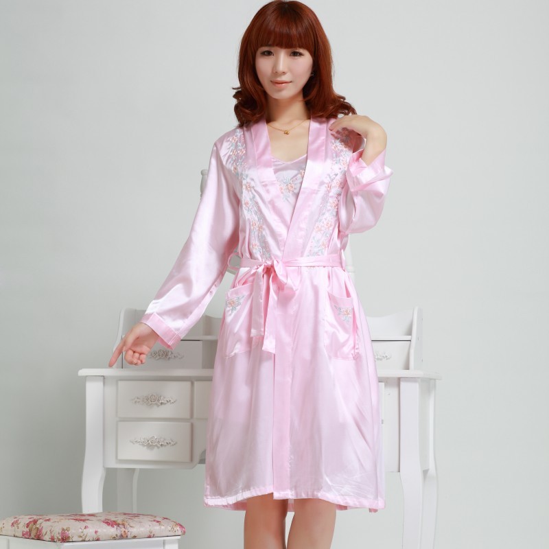 Wire spring and autumn faux silk sleepwear female sexy quality long-sleeve one piece nightgown lounge white