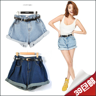 With Belt! 2013 shorts fashion vintage high waisted denim shorts jeans roll-up hem lady loose plus size female autumn and winter