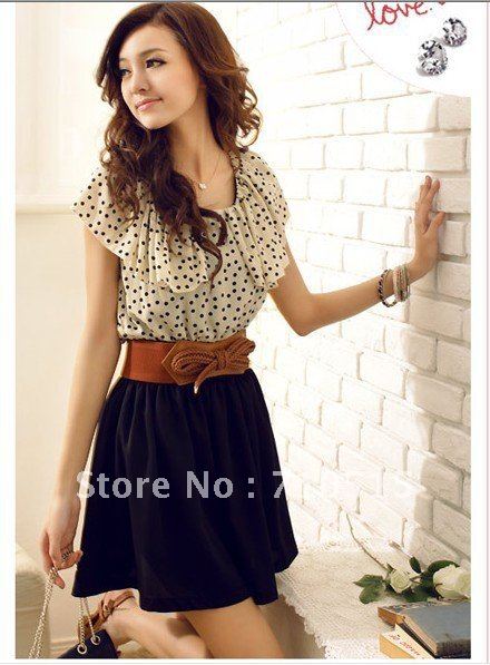 With Belt! Japen Korean Women Summer New Fashion Chiffon Short-sleeve Dots Polka Waist Mini Dress Free Shipping