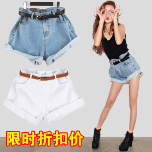 With belt loose roll-up hem plus size denim shorts female summer high waist shorts