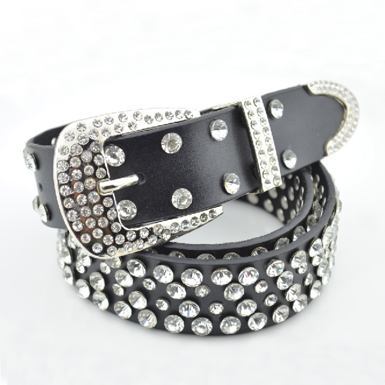 With diamond belt women's genuine leather rhinestone strap belt white Women diamond-studded belt