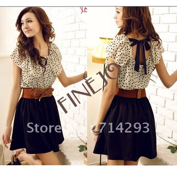 Without Belt! Korean Women Summer New Fashion Chiffon Dress Short-sleeve Dots Polka Waist Mini Beige+Black Free Shipping 2792