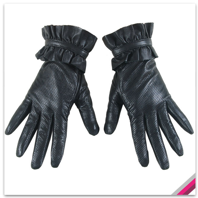 Woma hole-digging warmen suede pleated lotus leaf laciness women's genuine leather gloves l011nn