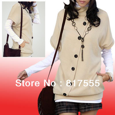 Woman 2013 NEW Stylish Button Detail Beige Stand Collar Pullover Autumn Sweater