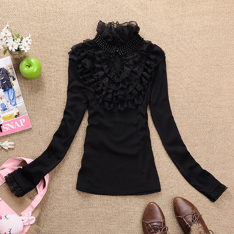 Woman autumn/winter gauze beading lace decoration puring basic shirt free shipping