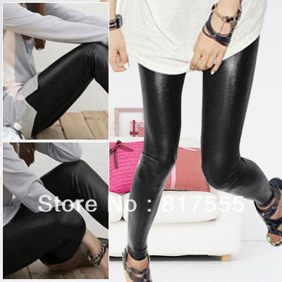 Woman Black Faux Leather Elastic Waist Slim Fitted Fashion Skinny Pants Leggings S