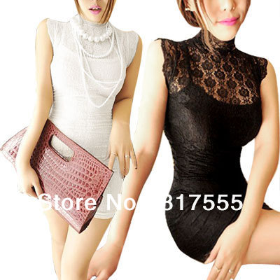 Woman Lace Guipure Overlay Sleeveless Stand Collar Pullover Slim Fitted Mini Dress Black