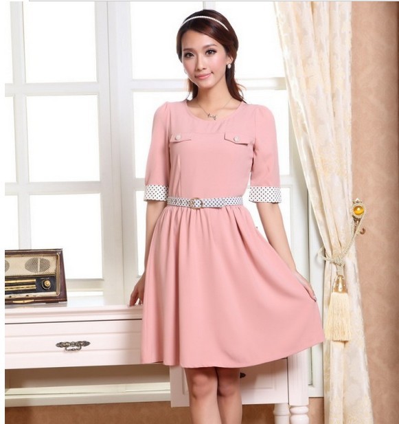 Woman/Lady Spring elegant slim dot splicing pleated swing dress free shipping