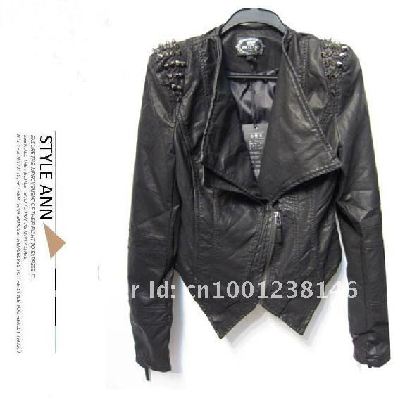 Woman Outerwear rivet double lapel / Slim / leather jacket //coat