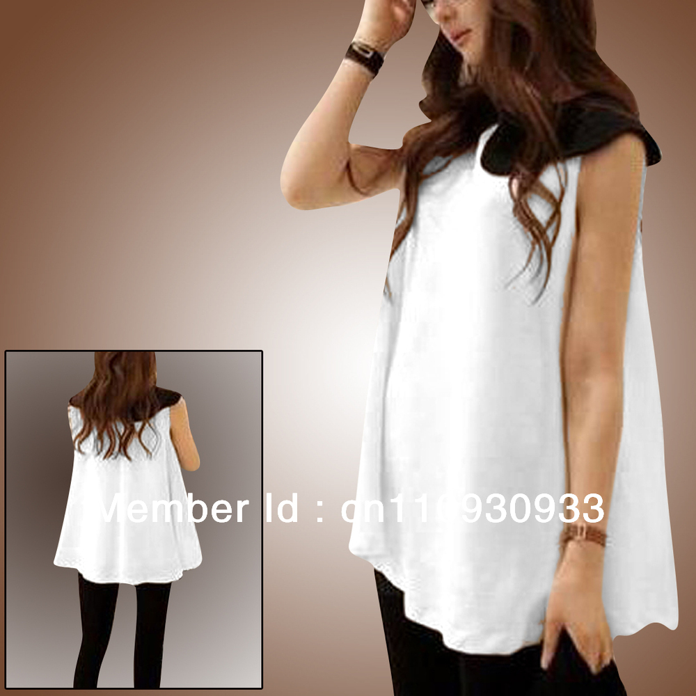 Woman Peter Pan Collar Sleeveless Chiffon Blouse Tops White