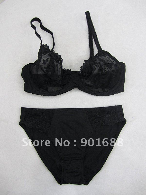 woman push up sexy  no padded embroidery  flower transparent  bra set