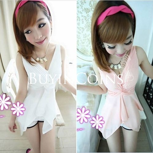 Woman's High Waist Chiffon Deep V Sleeveless Vest Shirt 3 Colors J348 [23227|99|01]