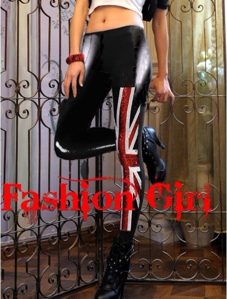 Woman Sexy Black LIQUID Leggings One Leg Red UK Flag Shiny Wet Look Faux Leather Gothic Punk Tight Pants