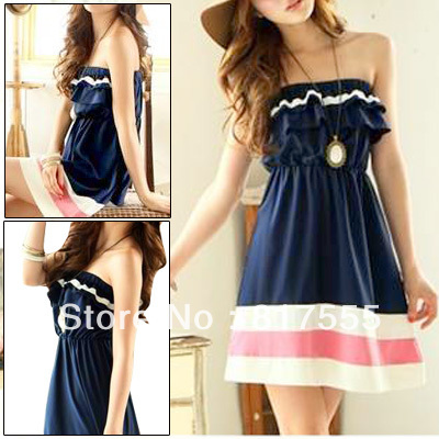 Woman Striped Pattern Ruched Front Sleeveless Tube One-piece Dress Dark Blue