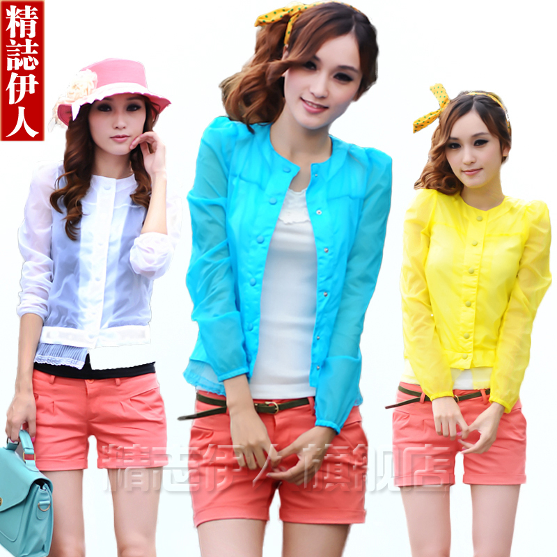 Woman summer sun protection clothing long-sleeve cardigan anti-uv thin outerwear transparent candy color sun protection clothing