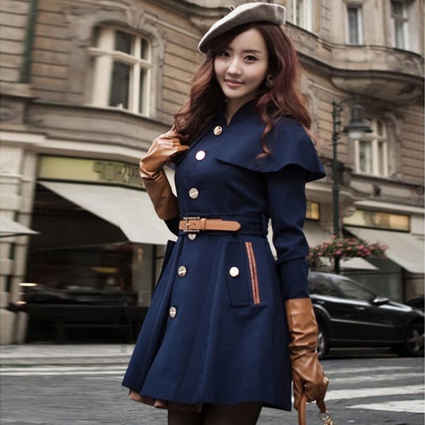 Women 2012 autumn new arrival british style slim woolen cloak overcoat trench outerwear strap belt