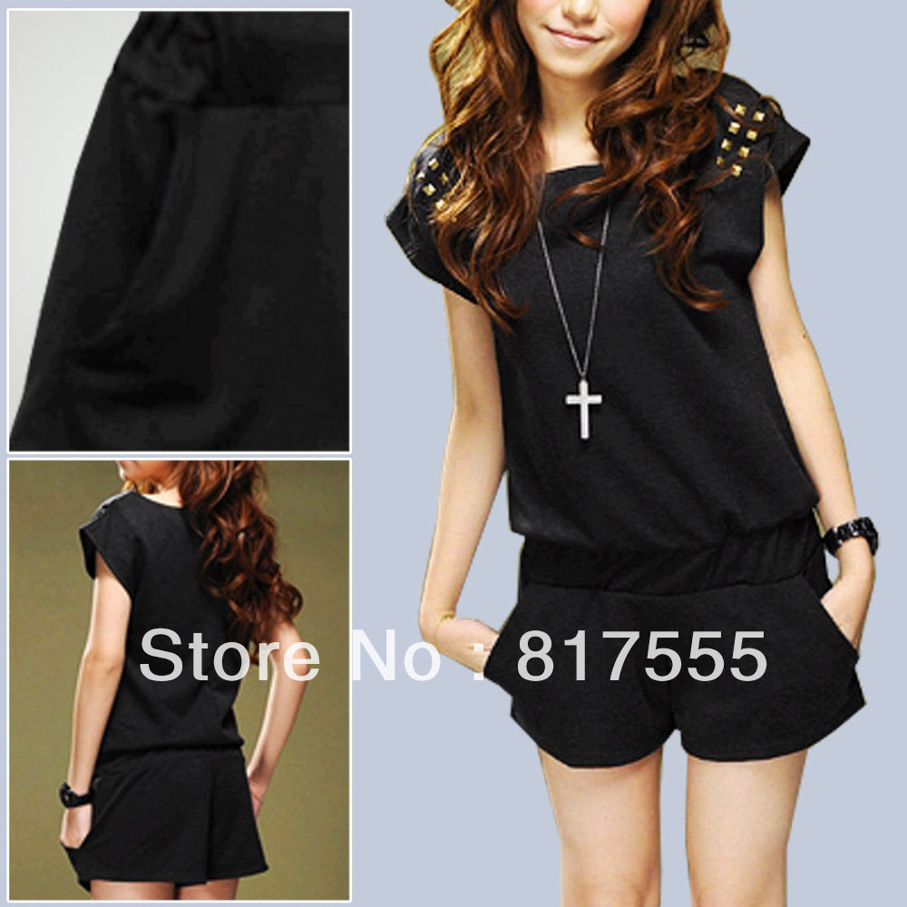 Women 2013 NEW Fashion Zip up Back Scoop Neck Bat Sleeve Black Romper Jumpsuit