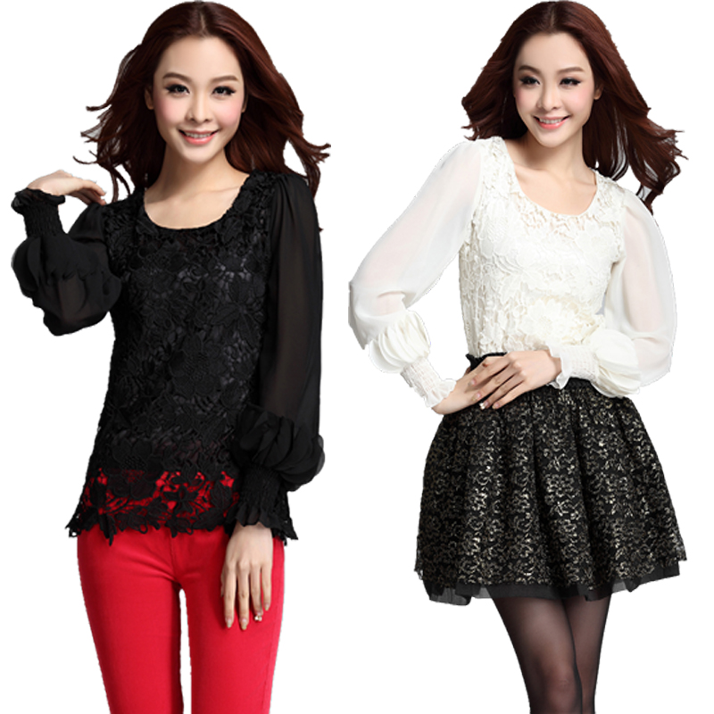 Women 2013  New Long Sleeve Lace Blouse Tops  double layer  Free shipping