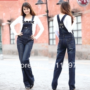 Women  2013 spring denim bib pants | loose plus size flare-hem  vintage fashion long jeans jumpsuit