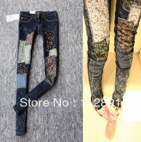 Women applique print Jeans pencil Pants Trousers Denim M0015