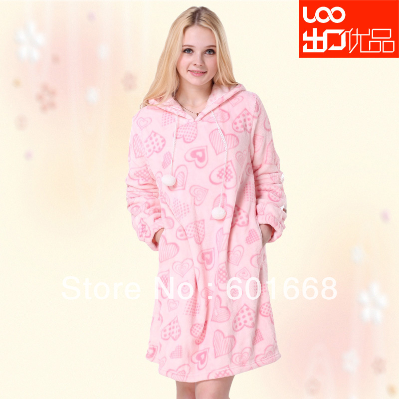 Women autumn and winter hooded flannel sleepwear dress fashion cute doll dress lounge