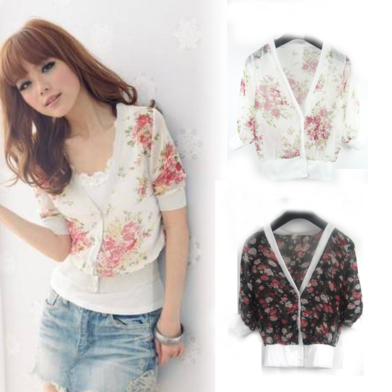 Women Autumn Fashion Chiffon Sweet Flower Half Sleeve Deep Neck Top Blouse