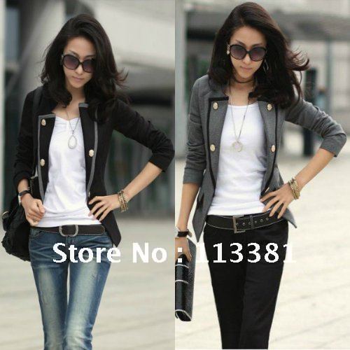 Women Autumn Fashion Elegant OL Long Sleeve Slim Double Breasted Blazer Decor Pocket suit Jacket coat outwear  Black Gray S/M/L