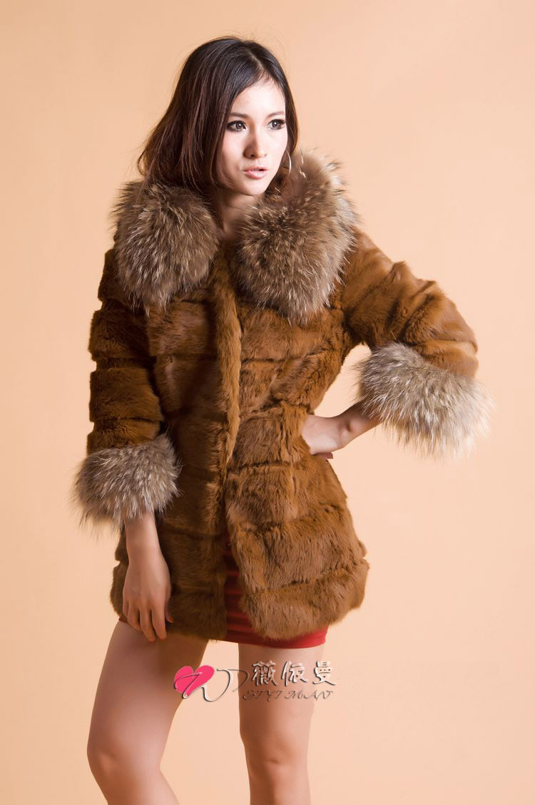 Women B6 Real Rabbit Fur With Raccoon Fur collar and cuffs 4 colour coats jacket clothes overcoat garment