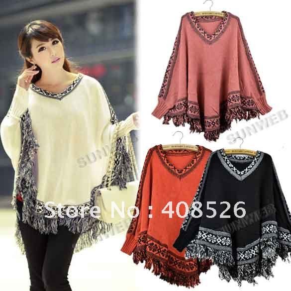 Women Batwing Sleeve Tassels Hem Style Cloak Cape Tops Knitting Poncho Sweater Coat Shawl 4 Colors free shipping 8132