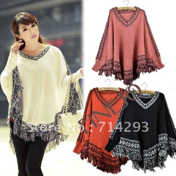 Women Batwing Sleeve Tassels Hem Style Cloak Poncho Cape Tops Knitting Sweater Coat Shawl 4colors free shipping 8132