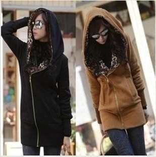 Women Beautiful Leopard Print Hood Large Lapels Long Zipper Jacket Coat