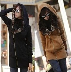 Women Beautiful Leopard Print Hood Large Lapels Long Zipper Jacket Coat